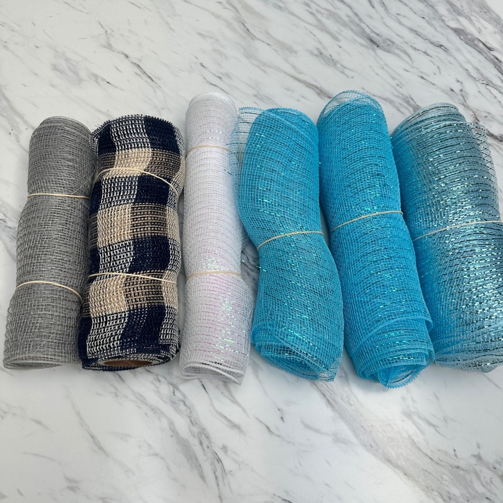 Lot of 6 Used Deco Mesh Rolls 10 in x 30 in Blue Gray Plaid White